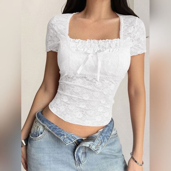 Misses Romantic Lace Short Sleeve Scoop Neck Casual Fitted Top with Bow White - Picture 4 of 6